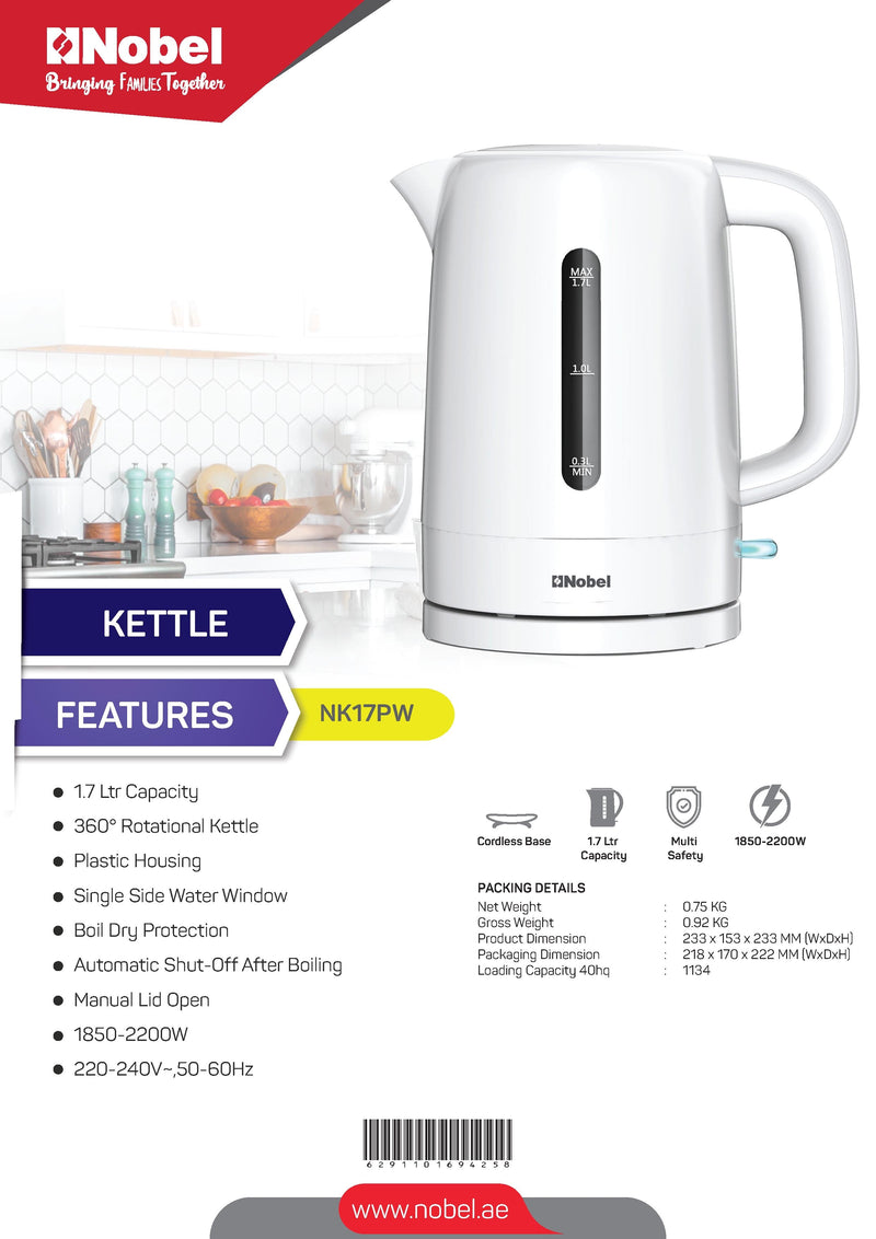 Nobel Kettles Black 1.7 Litre Auto Shutoff NK17PW