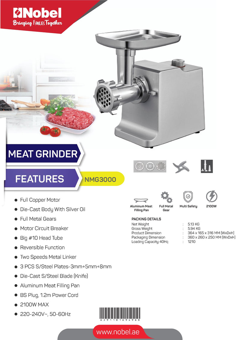 Nobel Meat Grinder Silver 2100W 2 Speed + Reverse Function  NMG3000