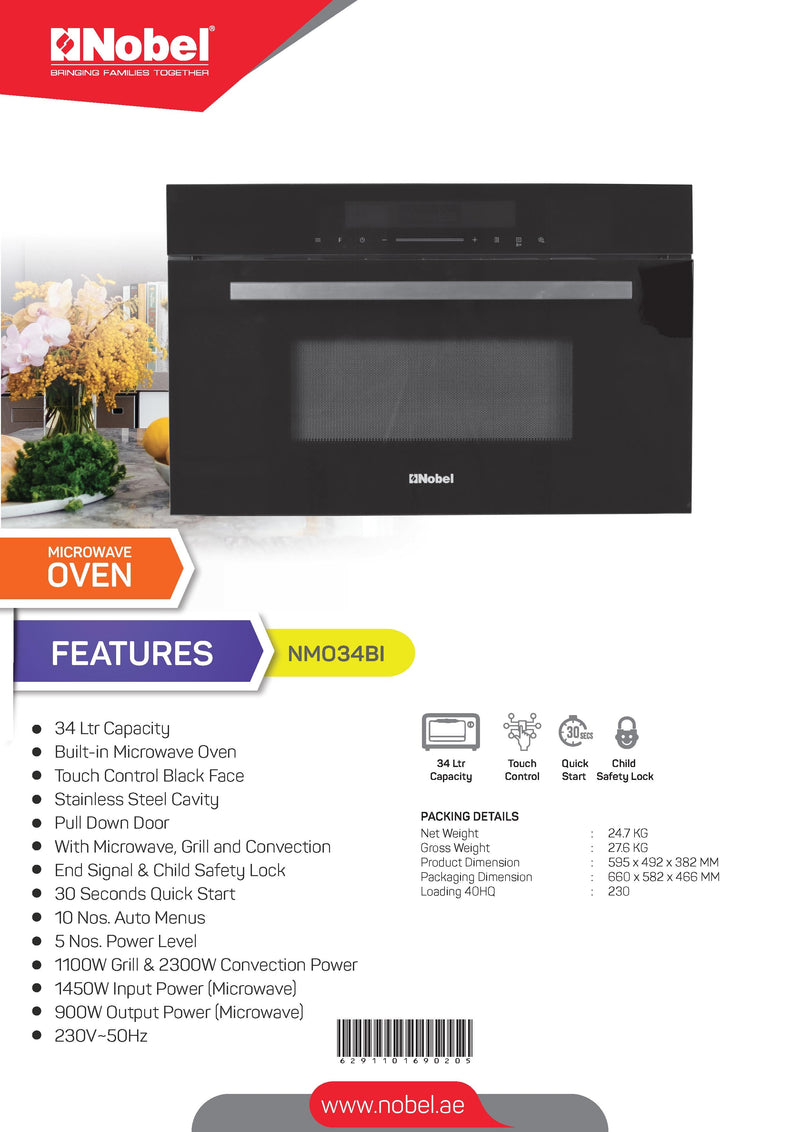 NOBEL Builtin - Microwave Oven Black 34 Ltr Grill Convection Touch Control NMO34BI