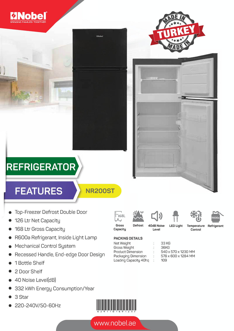 Nobel Refrigerator Double Door Black Inox 168 Liters NR200ST