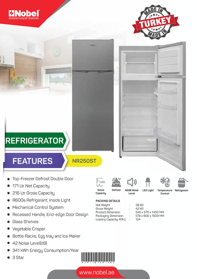 NOBEL Refrigeraot Double Door Inox 216 L Defrost NR250ST