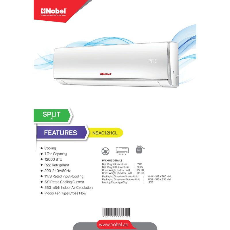 NOBEL Split AC 12000 BTU R410 Gas Heat/Cool NSAC12HCL