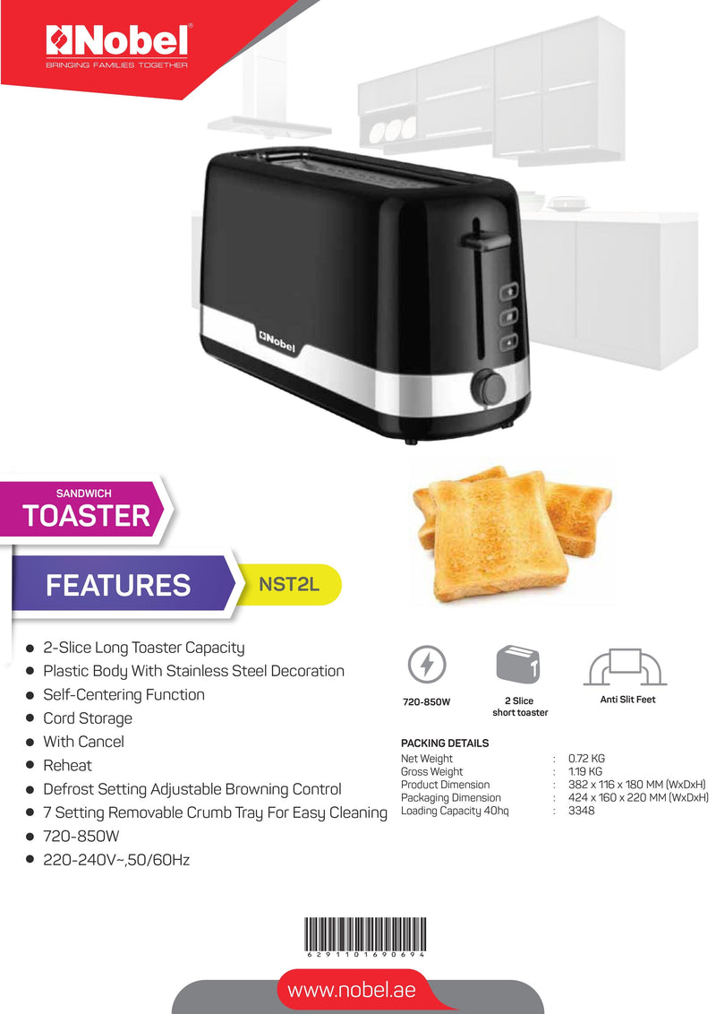 Nobel Toaster 2 Slice Long Toaster 720-850W 7 Settings NST2L