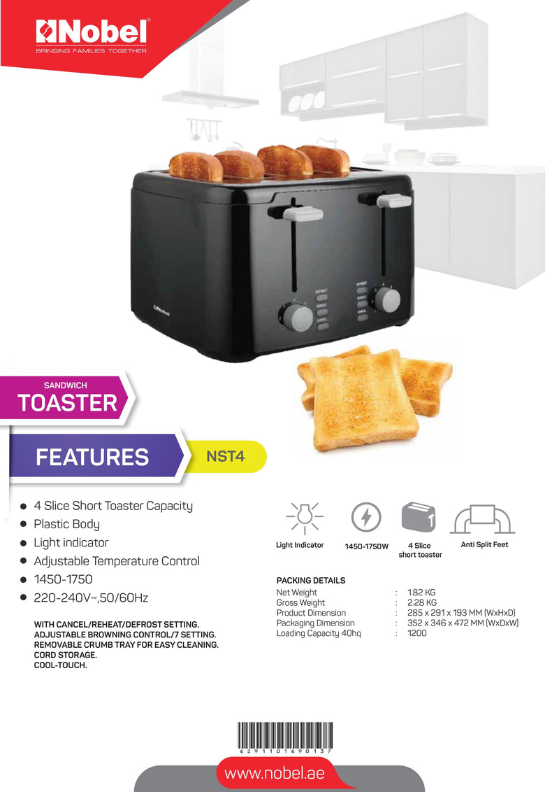NOBEL Toaster 4 Slice 1450-1750W Adjustable Temperature Control NST4
