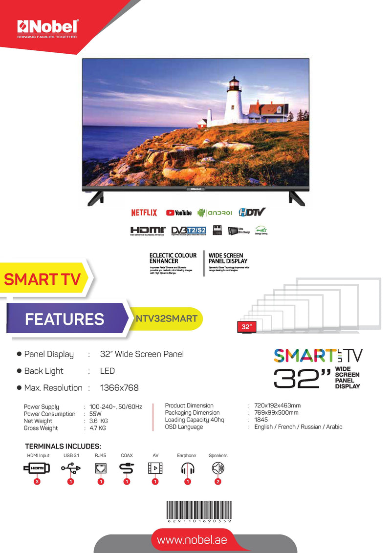 NOBEL LED - Flat Smart Black 32 inch HD Smart DVBT2 NTV32SMART