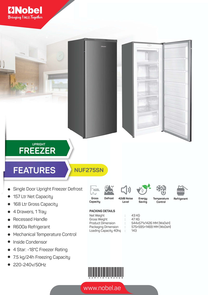 NOBEL Single Door Upright Freezer Defrost 168 Liters NUF275SN