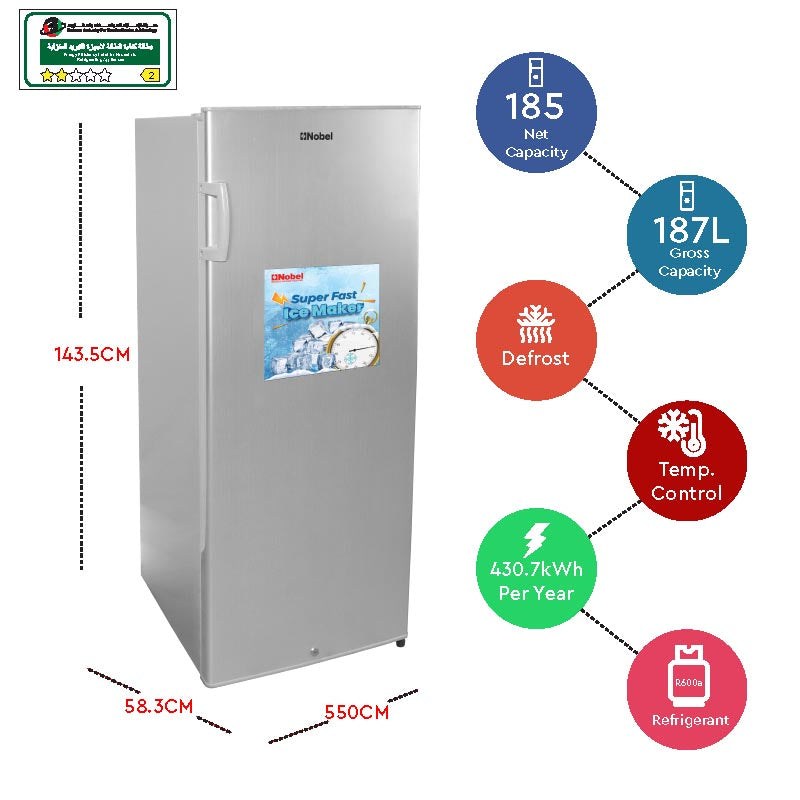 NOBEL Single Door Upright Freezer Defrost 187 Liters NUF300S