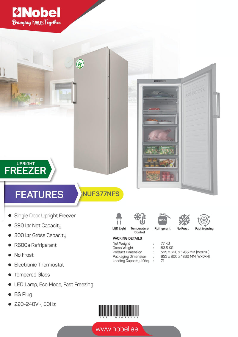 Nobel Upright Freezer Silver 300 Litres 7 Drawers R600A NUF377NFS