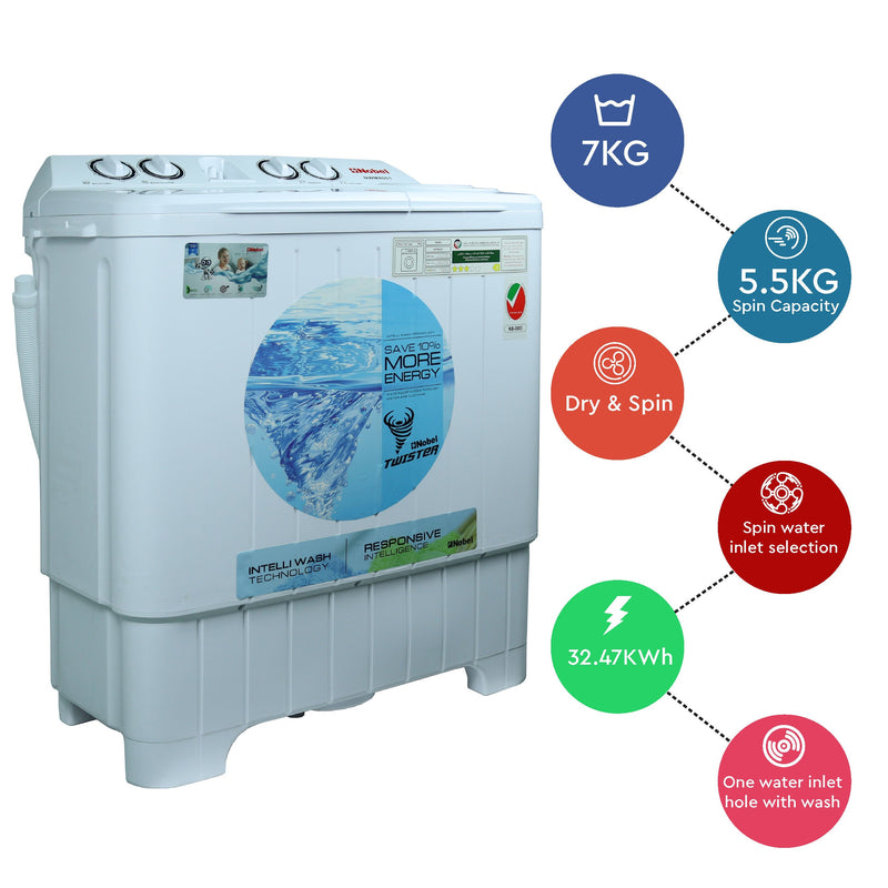 Nobel Twin Tub Semi Auto Washer White 7 Kg Twin Tub NWM8001