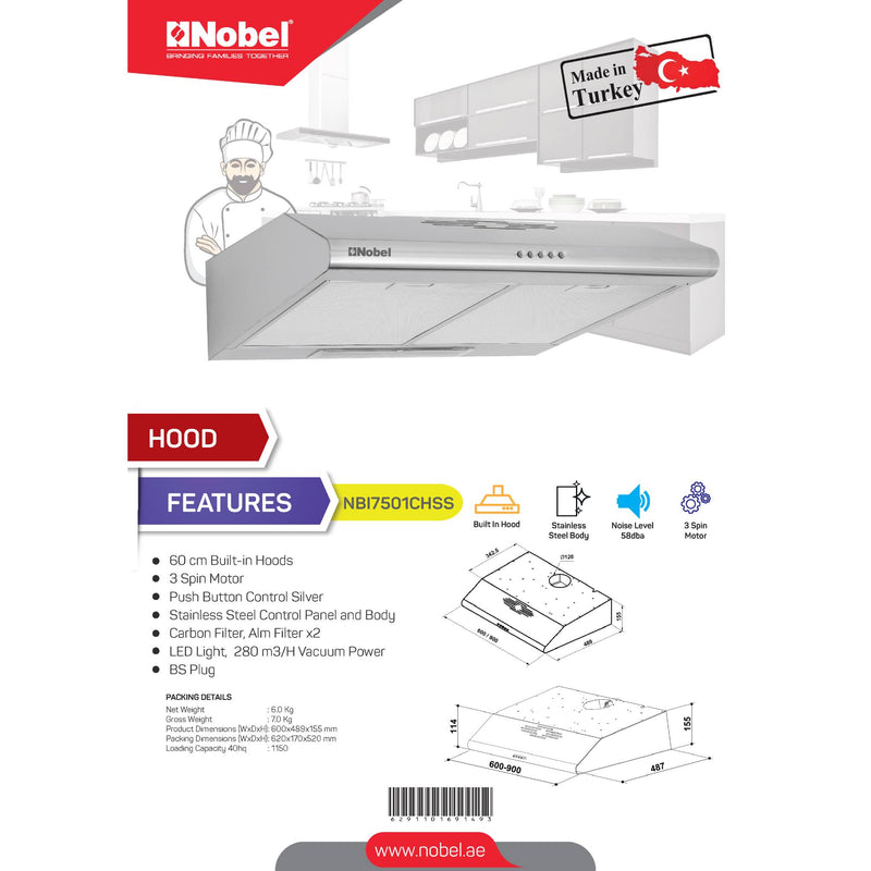 NOBEL Builtin - Hoods Stainless Steel 60cm NBI7501CHSS