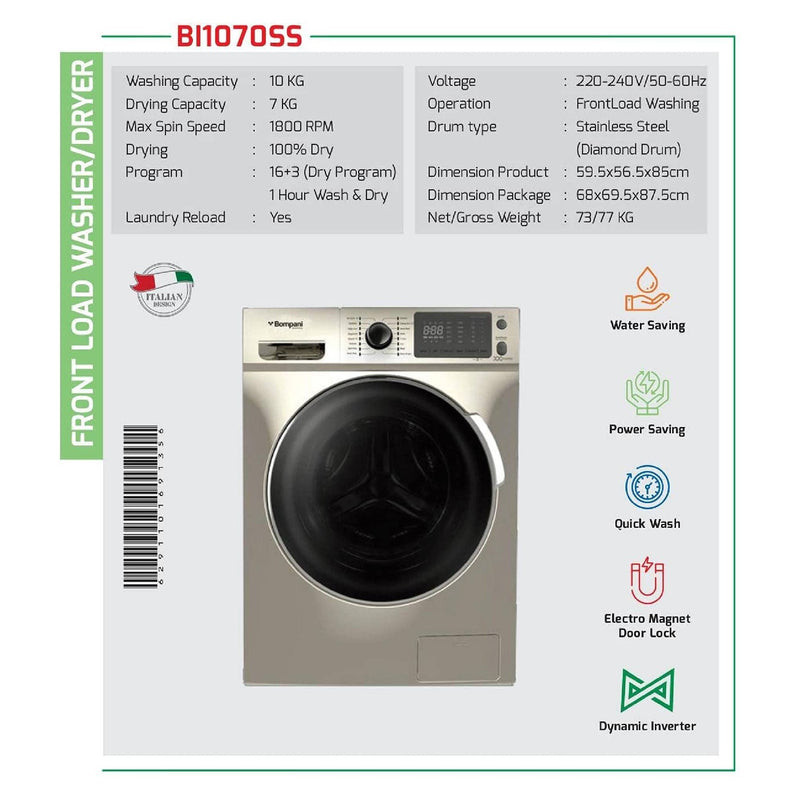 Bompani Washer Cum Dryer S/Steel 10Kg/7Kg 1600Rpm  BI1070SS
