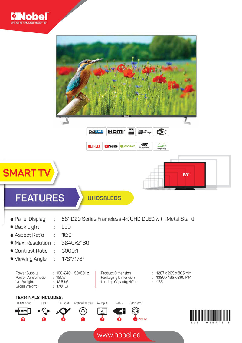 NOBEL LED - Flat Smart Black Silver 58 Inch UHD 4K Smart TV UHD58LEDS